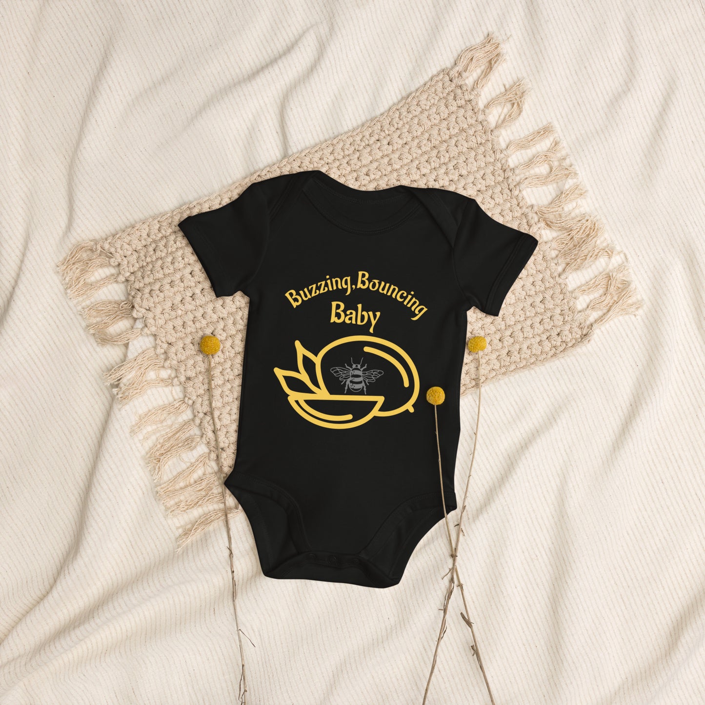 Organic cotton buzzing, bouncing baby bodysuit