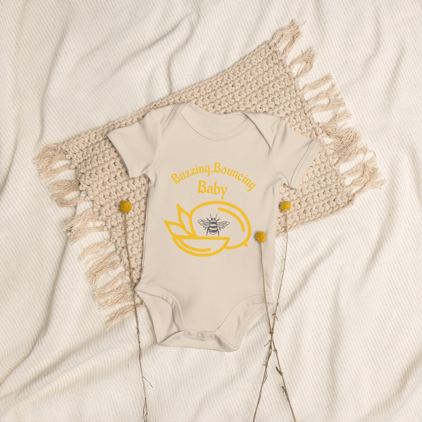 Organic cotton buzzing, bouncing baby bodysuit