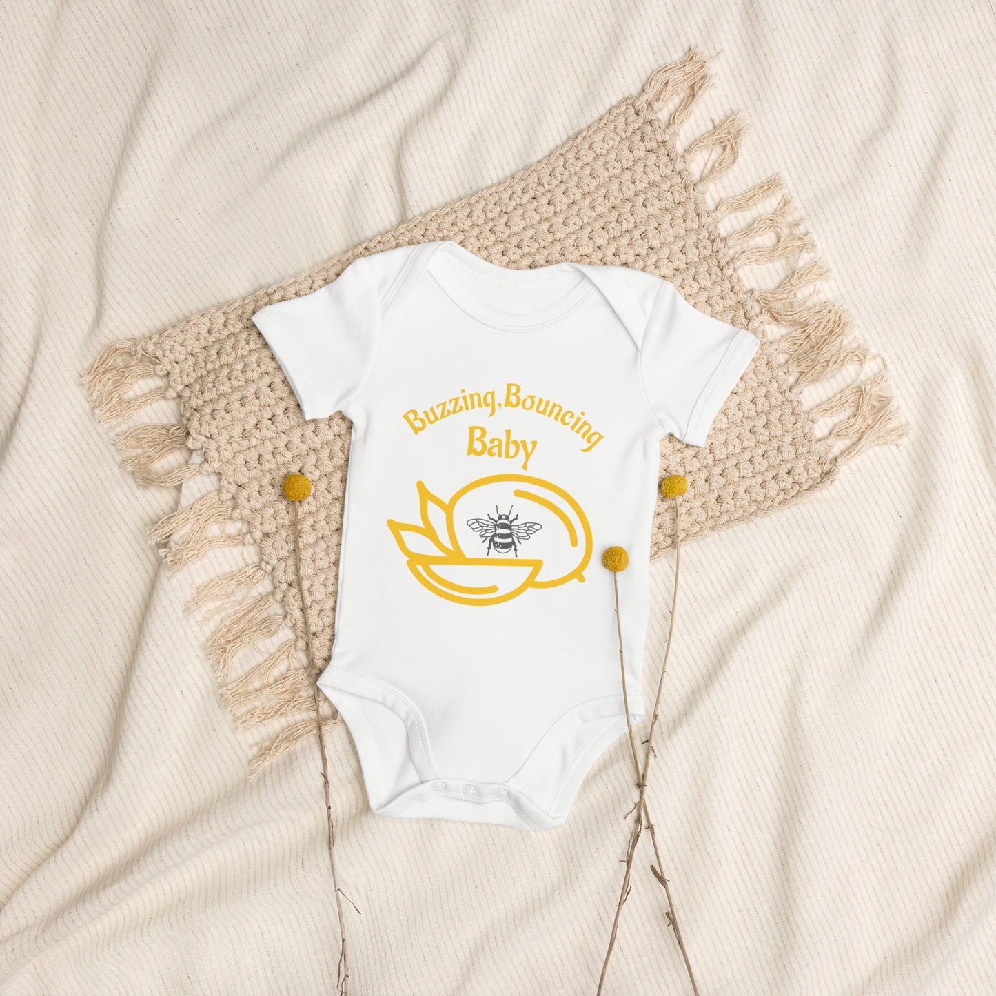 Organic cotton buzzing, bouncing baby bodysuit